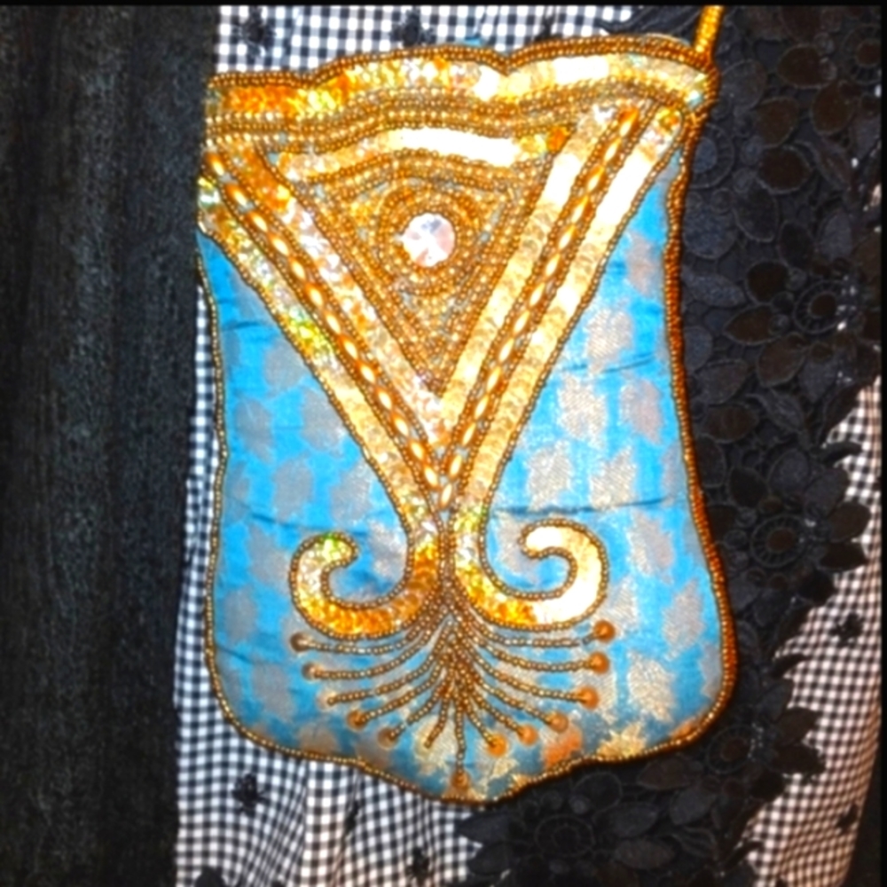 Brocade Gold Bead Embellished Crystal Crossbody Western Purse Blue